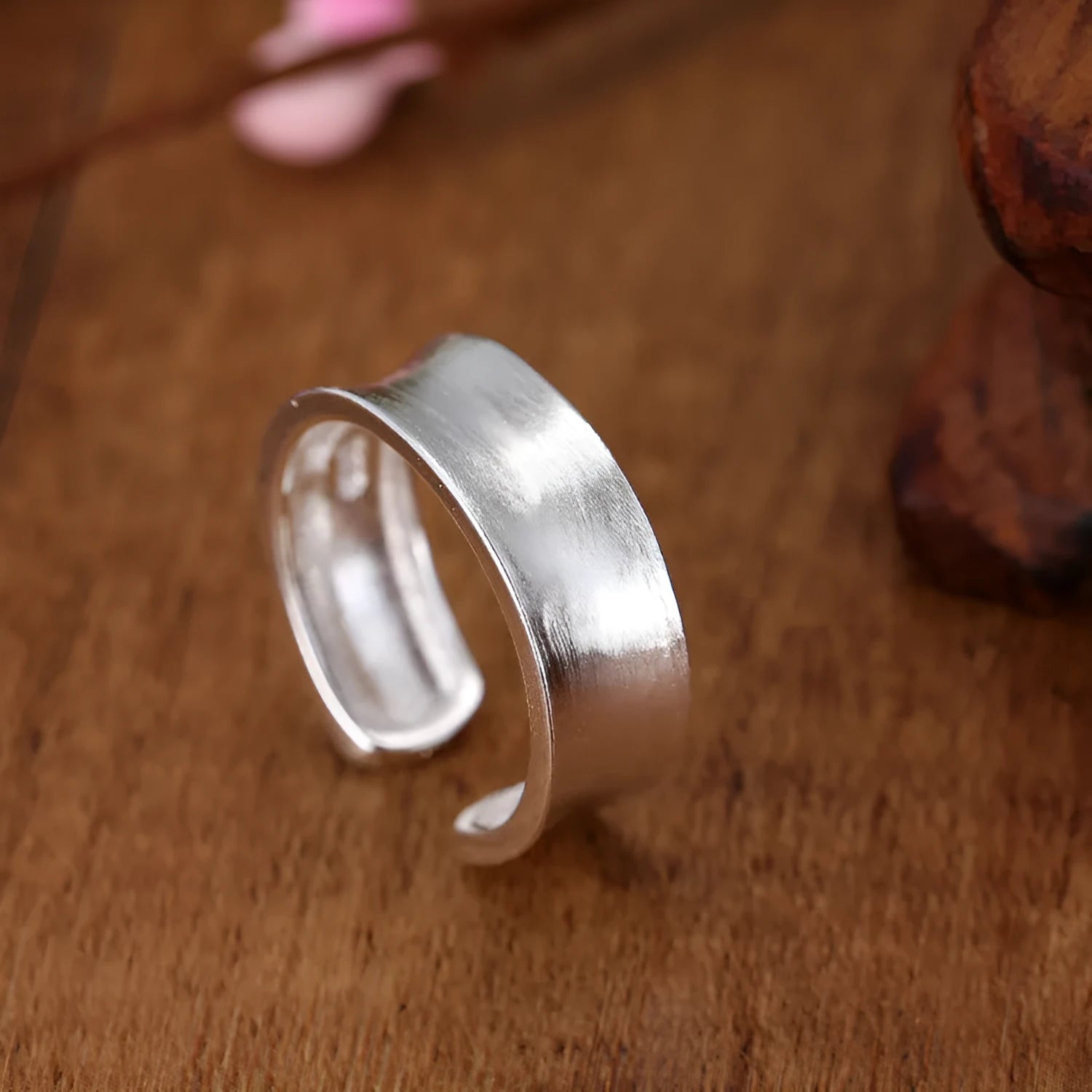 Frosted sterling silver open ring with geometric design and adjustable opening