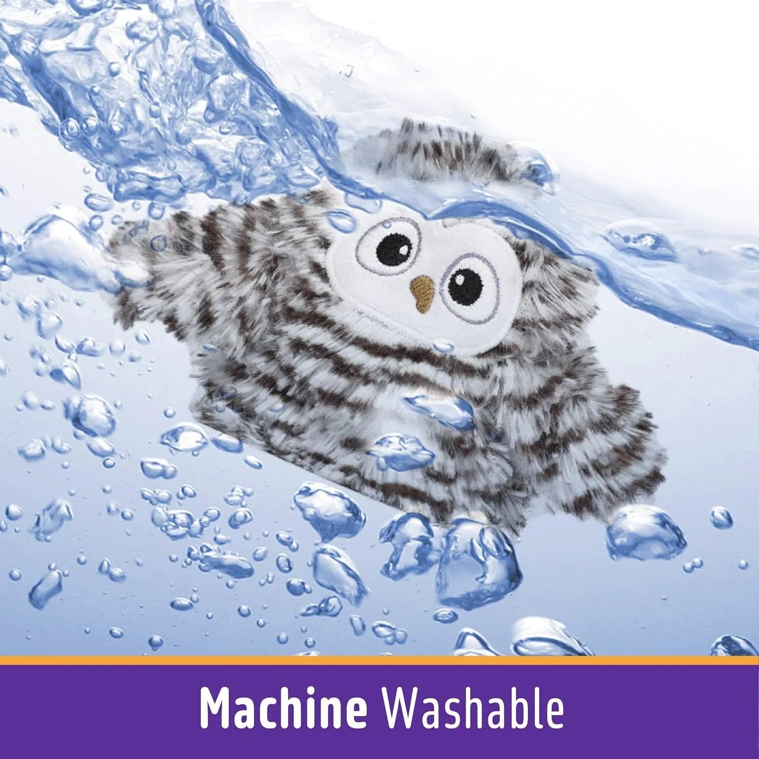 Grey automatic owl cat toy with flapping wings on a flat surface
