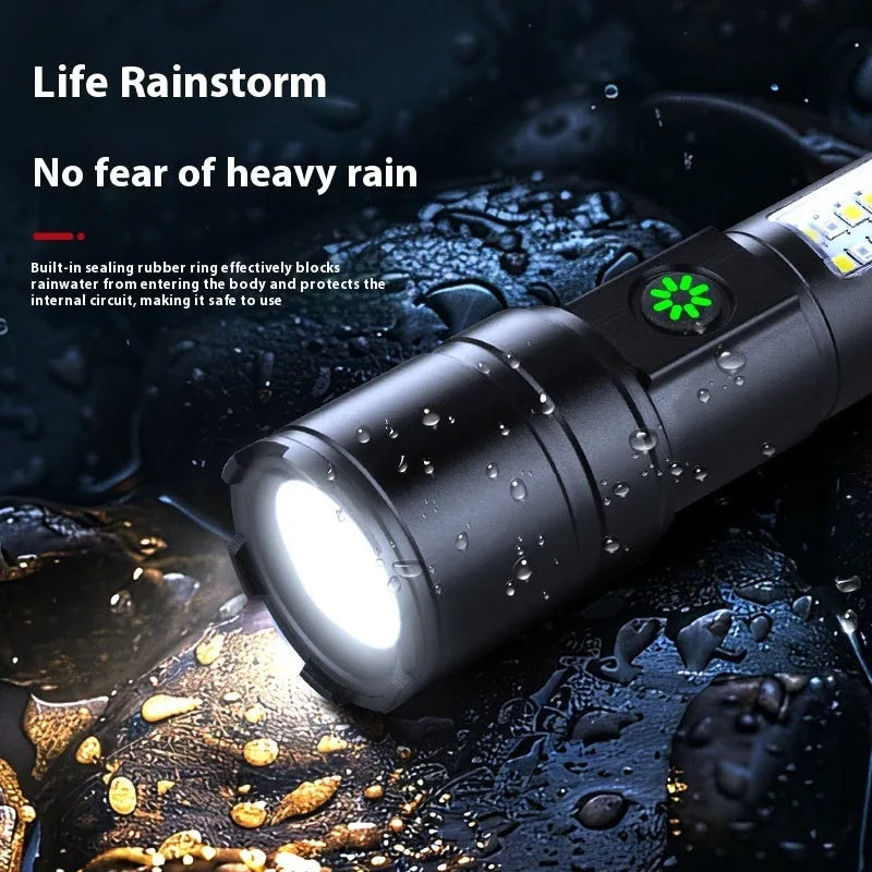Black aluminium alloy USB rechargeable flashlight torch with optical zoom lens.