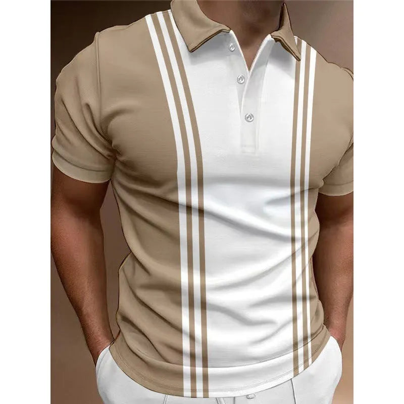 Loose fit casual men's t-shirt with 3-button printing lapel and short sleeves in polyester fabric