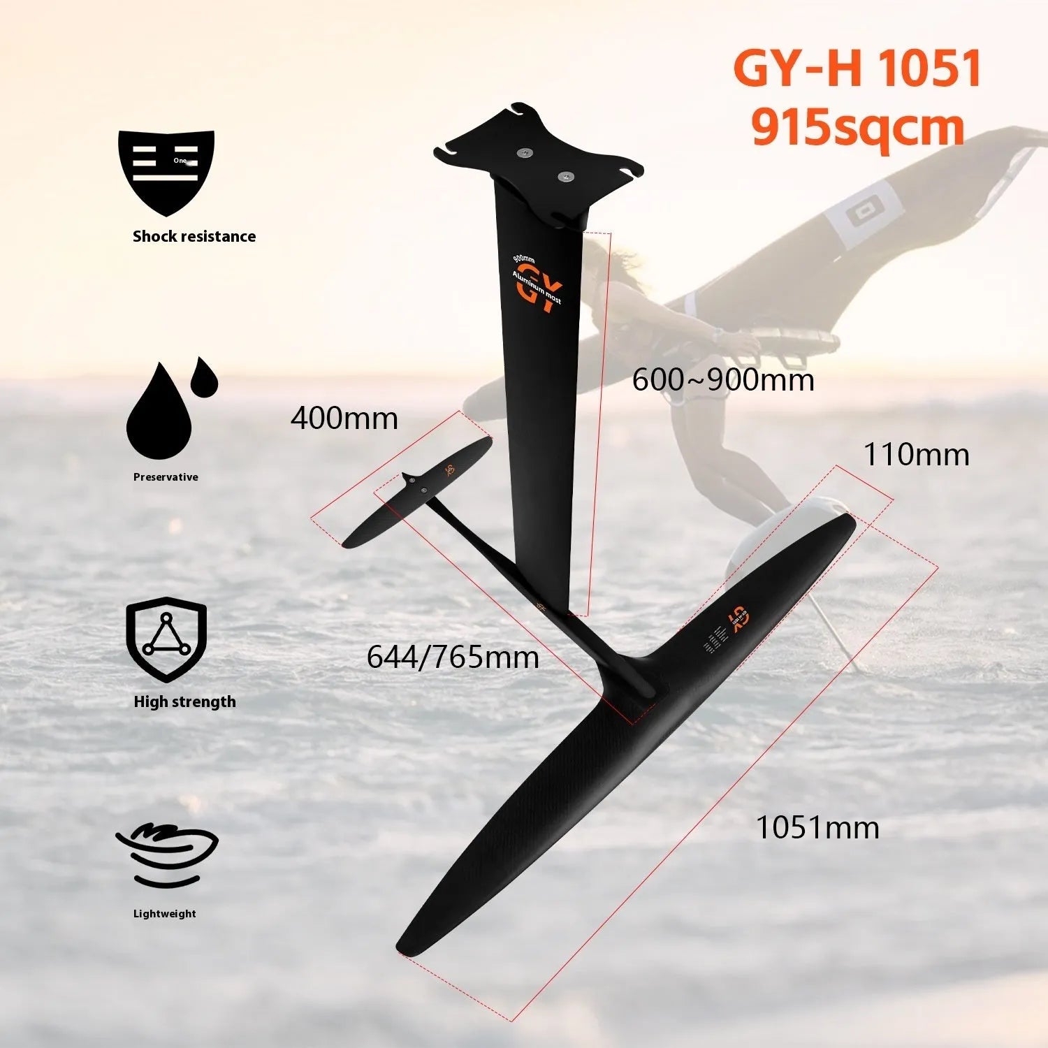 Black carbon fibre racing hydrofoil with 1051mm aluminium front wing for unpowered surfing