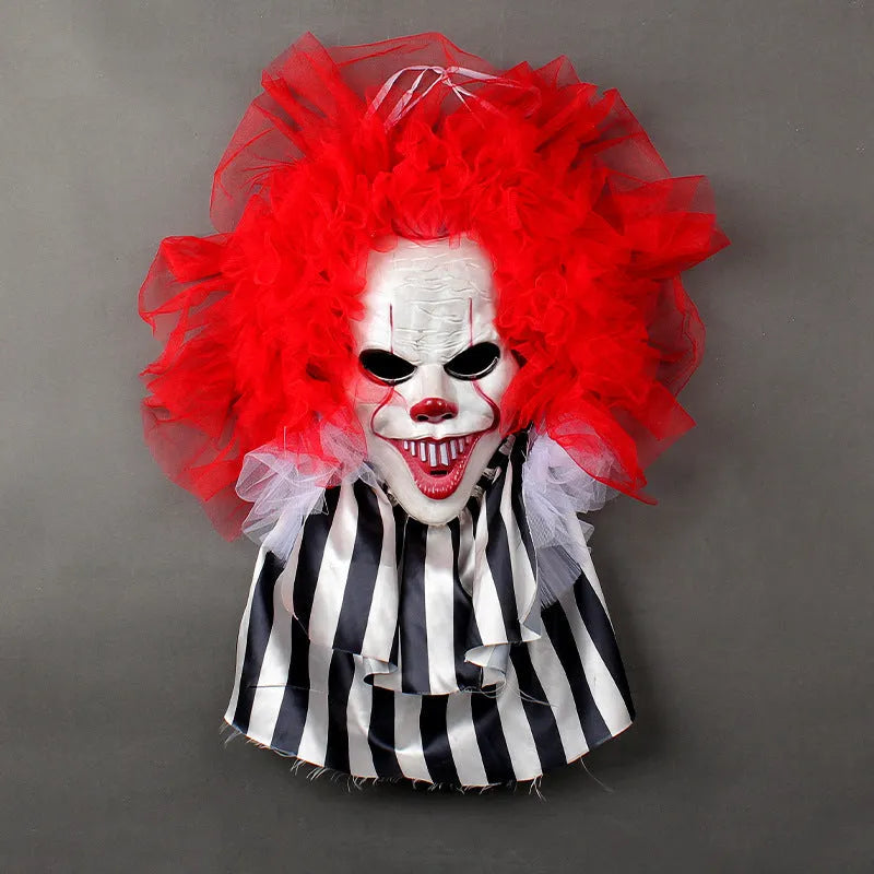 Red clown Halloween wreath decoration made from cloth with character pattern for door or wall hanging