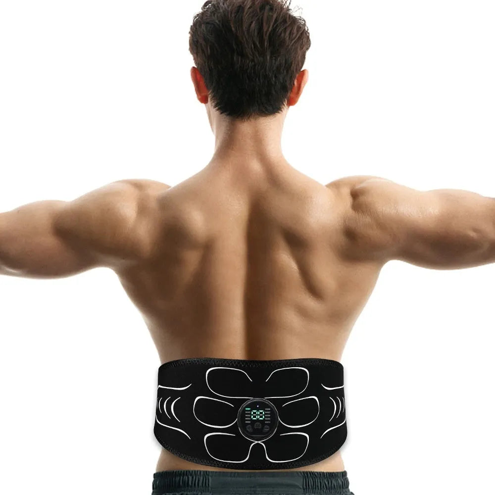 Silicone EMS belly shaping belt with muscle stimulator and hand and foot straps on orange background