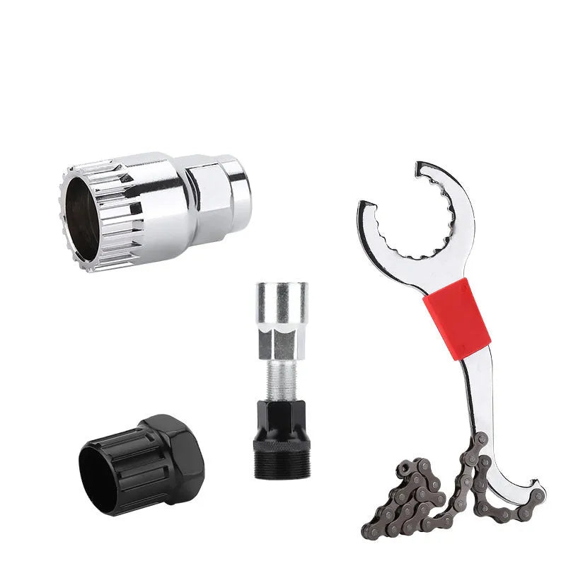 Iron bicycle repair tool set with chain cutting device and central shaft puller for mountain bike maintenance