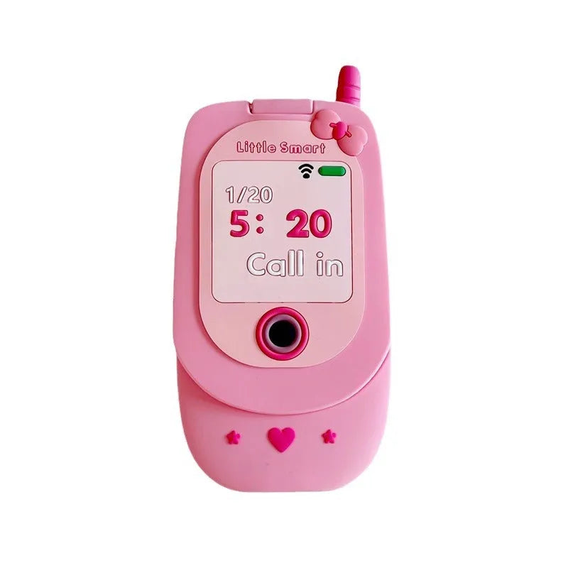 Light pink silicone flip phone case with a pop-out mirror and a cartoon charm, shown next to an iPhone.