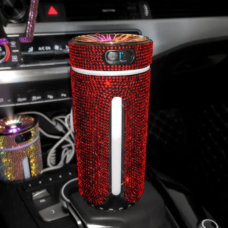 Luxury diamond rhinestone car humidifier with LED light, USB powered, 15x7x7cm, multi-colour options
