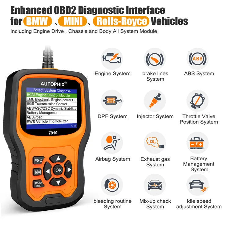 Autophix 7910 automotive diagnostic scanner for BMW vehicles with OBD2 connector.