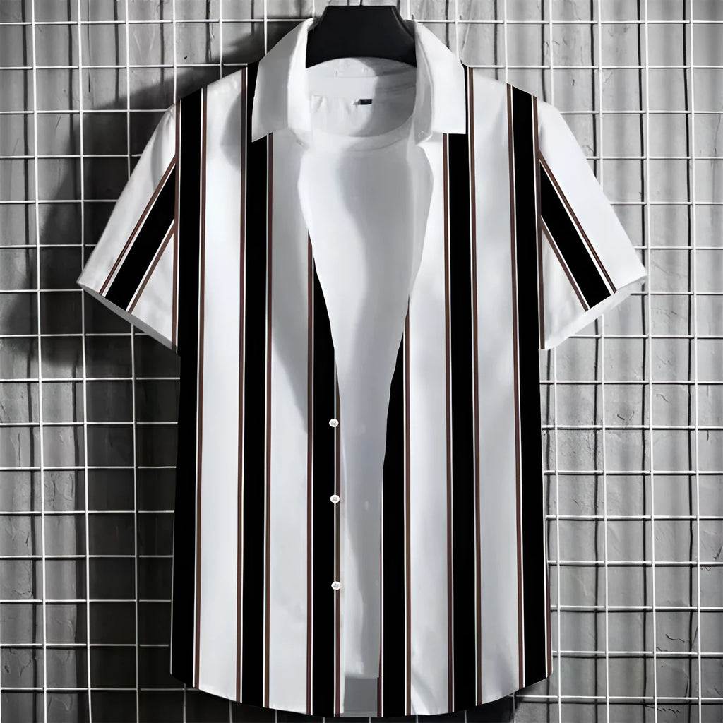 A linen men's striped short sleeve T-shirt with a 3D printed graphic, shown on a hanger.