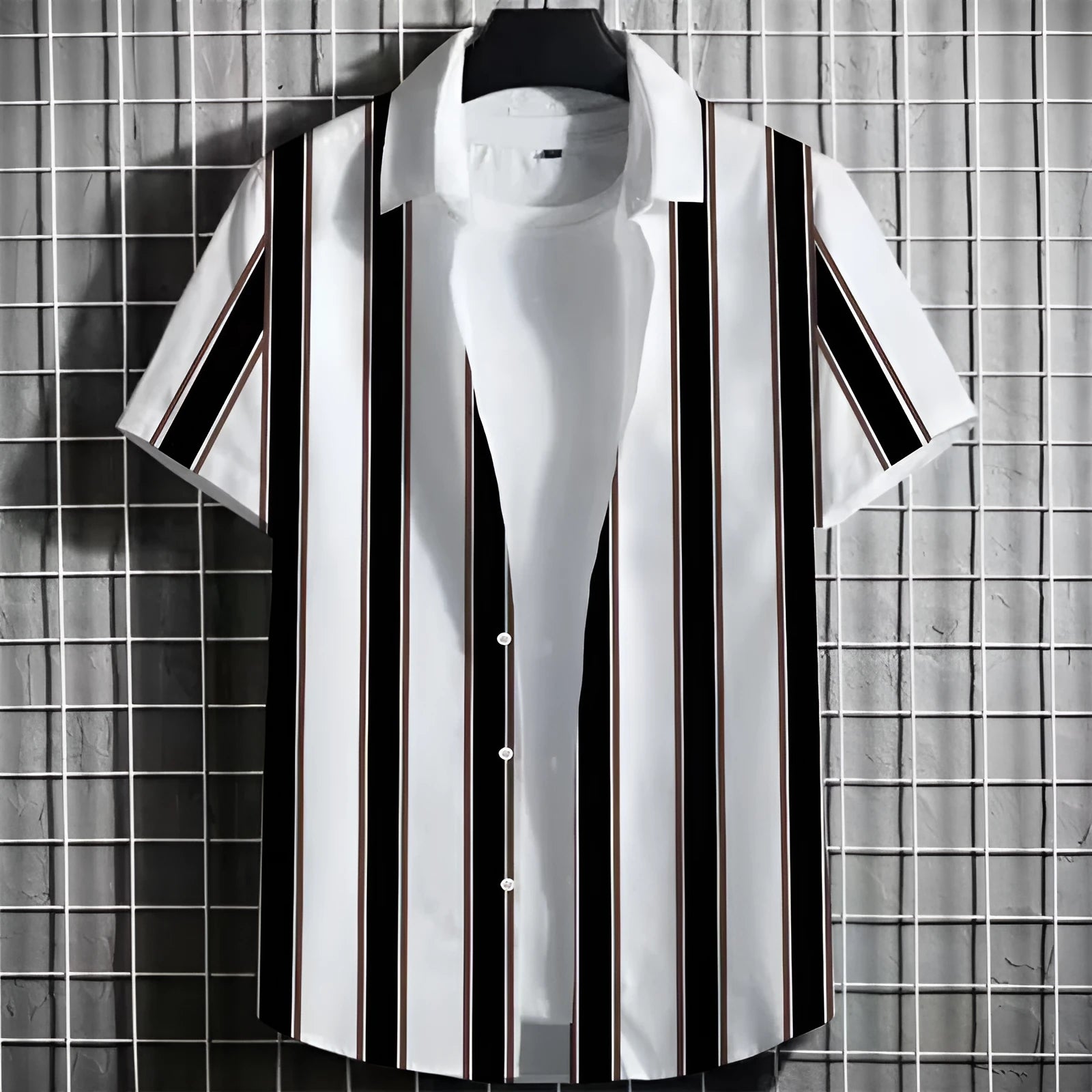 A linen men's striped short sleeve T-shirt with a 3D printed graphic, shown on a hanger.