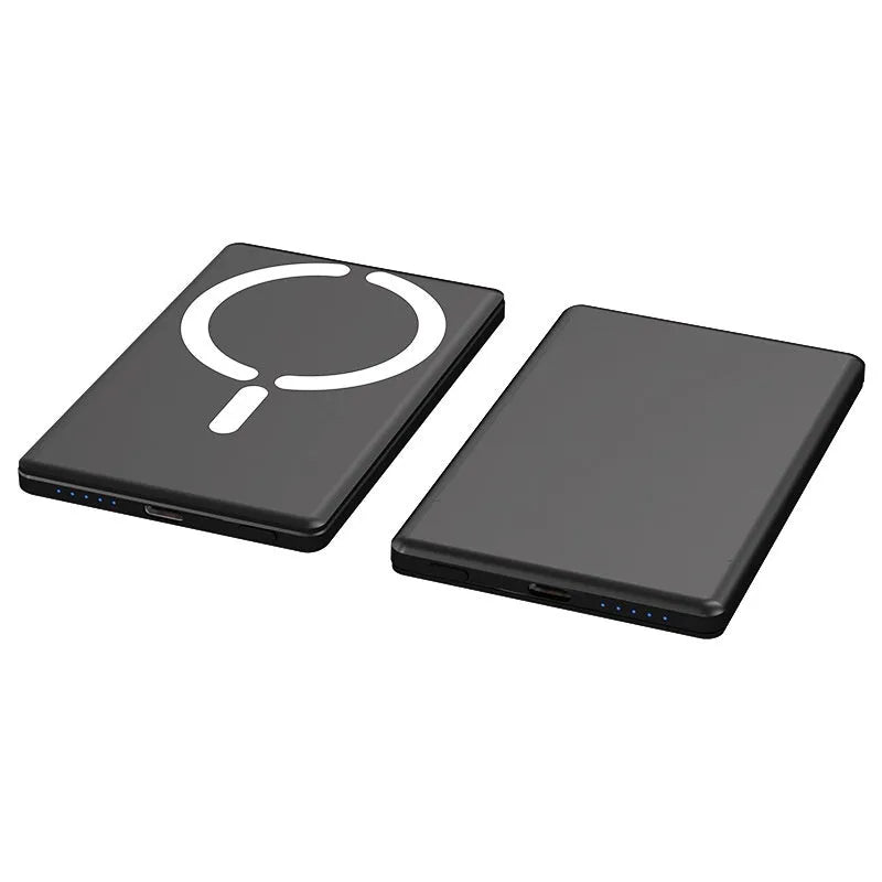 Ultra-thin magnetic power bank with alloy casing in black, grey, silver, or violet