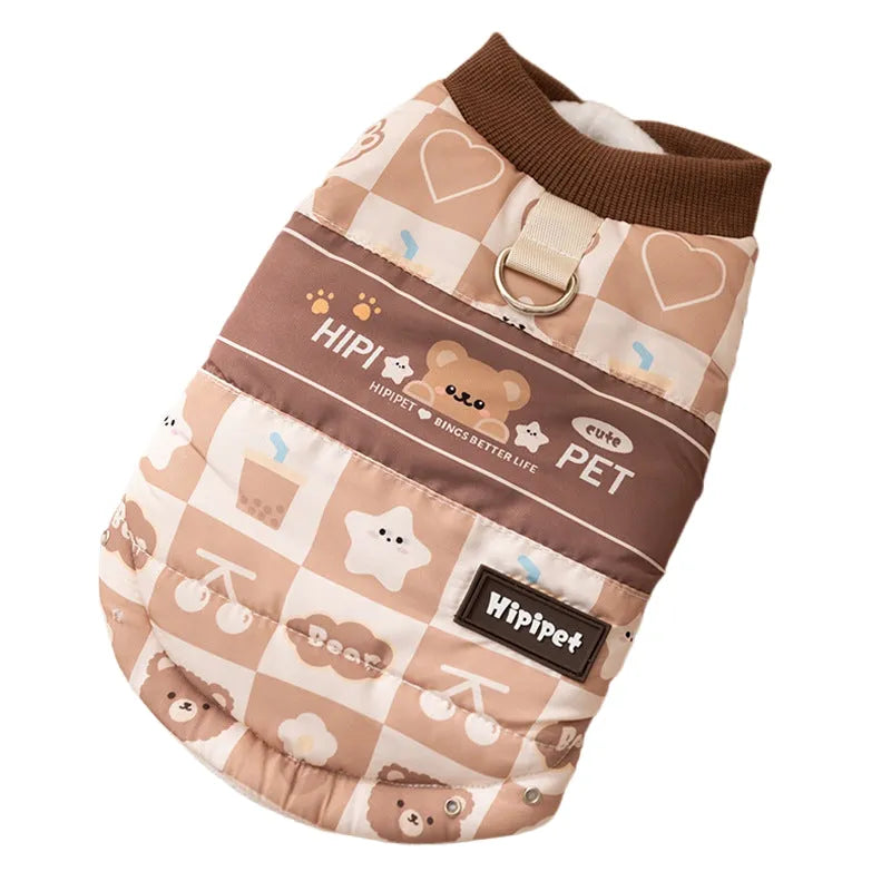 Quilted cotton-padded pet vest with integrated leash ring, retro bear or geometric print, brown or orange