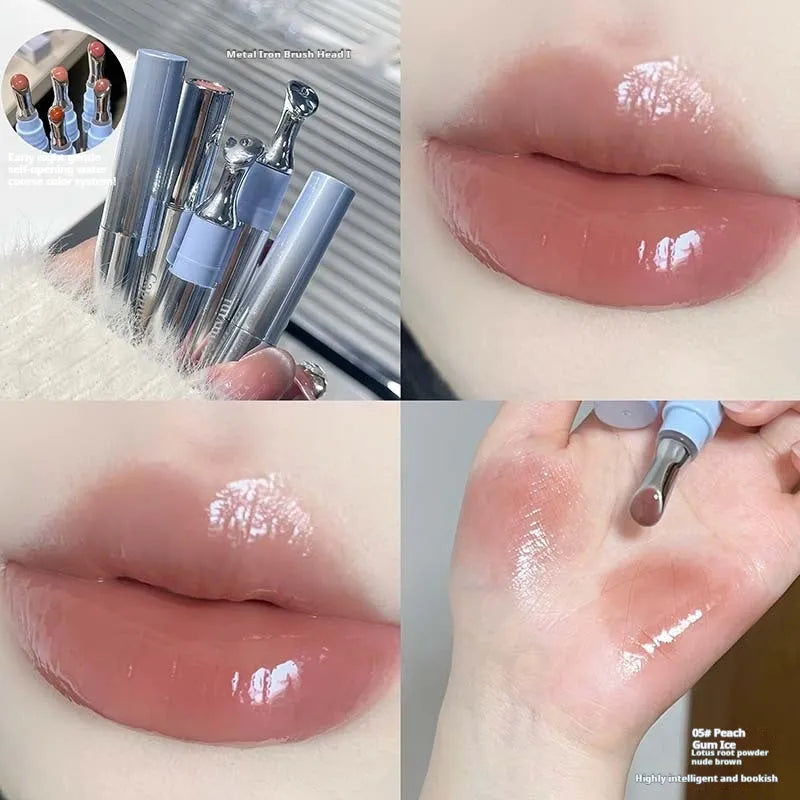 Mirror Water Light Lip Gloss Lipstick in translucent shades showing reflective finish and 12.9cm height