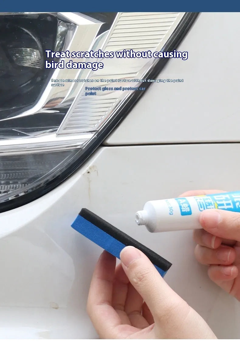 Car repair wax kit with bottles of A and B wax and a frosted sponge mop for scratch removal