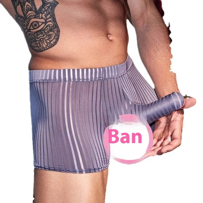 Men's black and white striped nylon boxer briefs laid flat, showing elastic waistband and free-size fit.