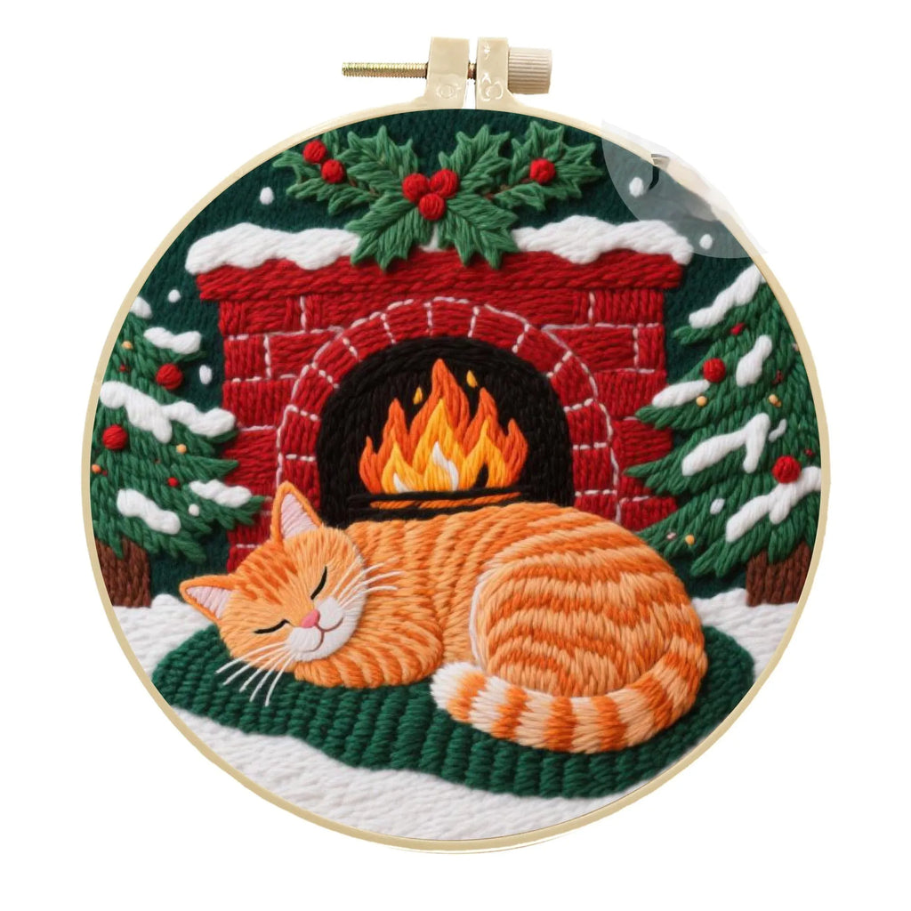 Embroidery material kit with autumn fruit and cat design on cotton linen fabric