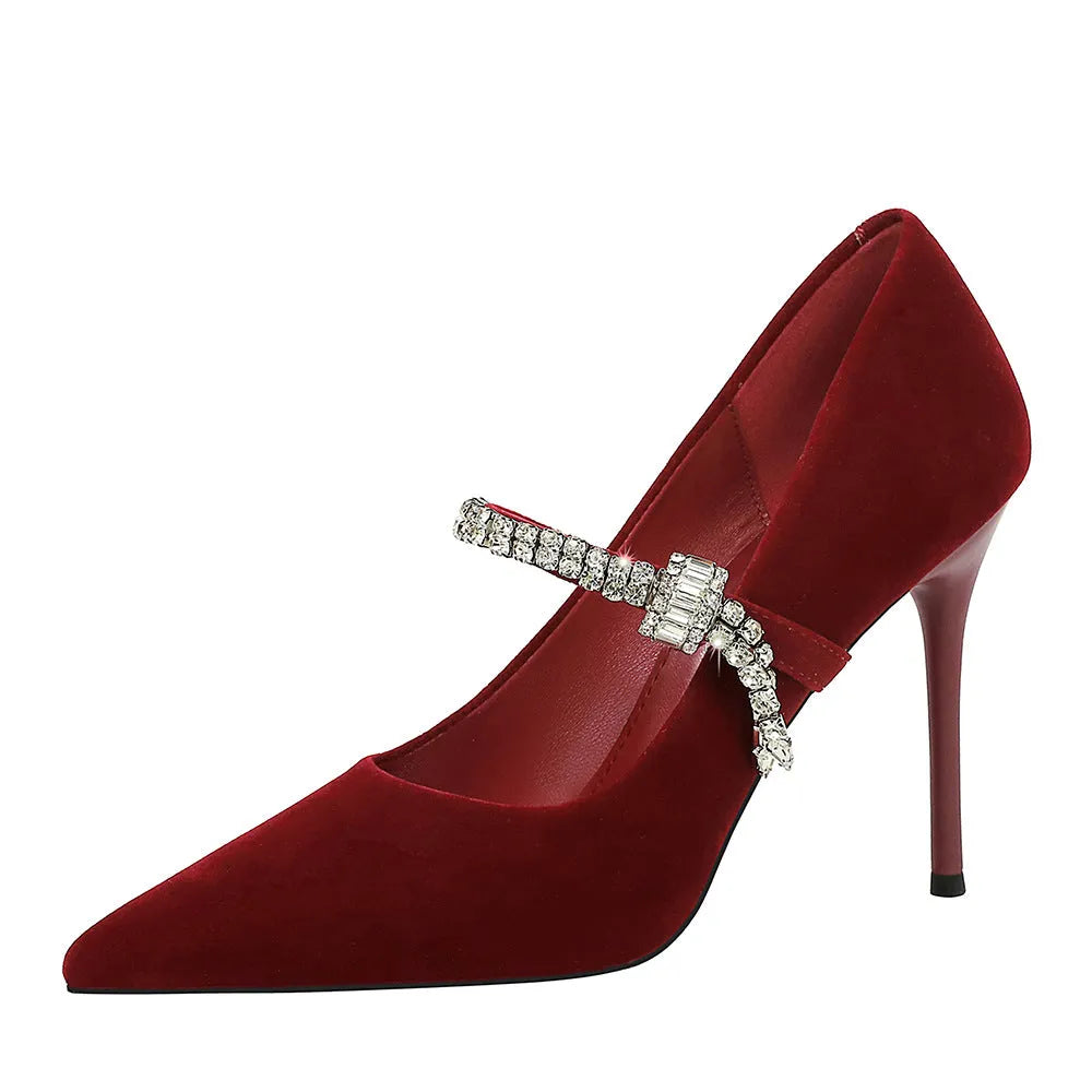 Pointed toe suede stiletto heels with rhinestone strap, ultra high heel over 8cm, in burgundy