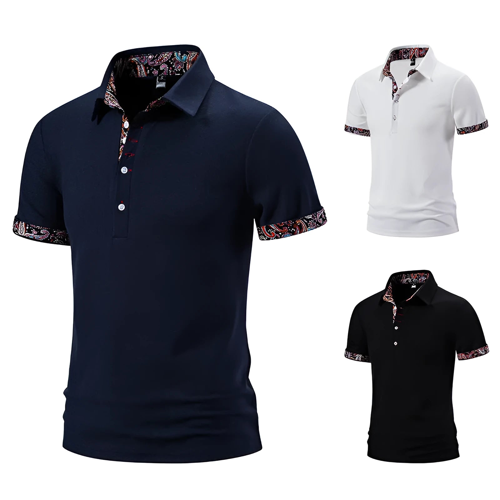 Men's navy blue polo shirt with white contrast stitching on the turnover neck and short sleeves.