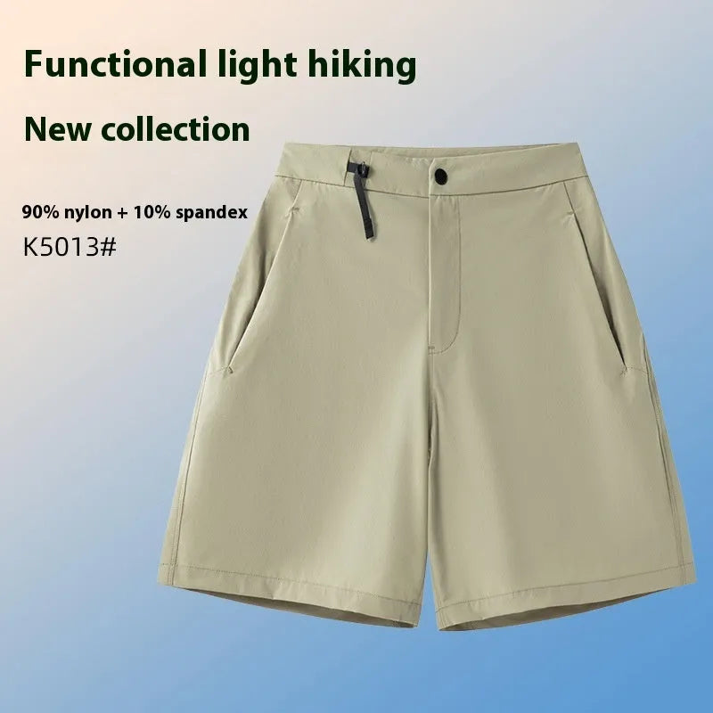 Men's khaki quick-dry sports shorts with 3D cut and four-way stretch fabric for athletic movement.