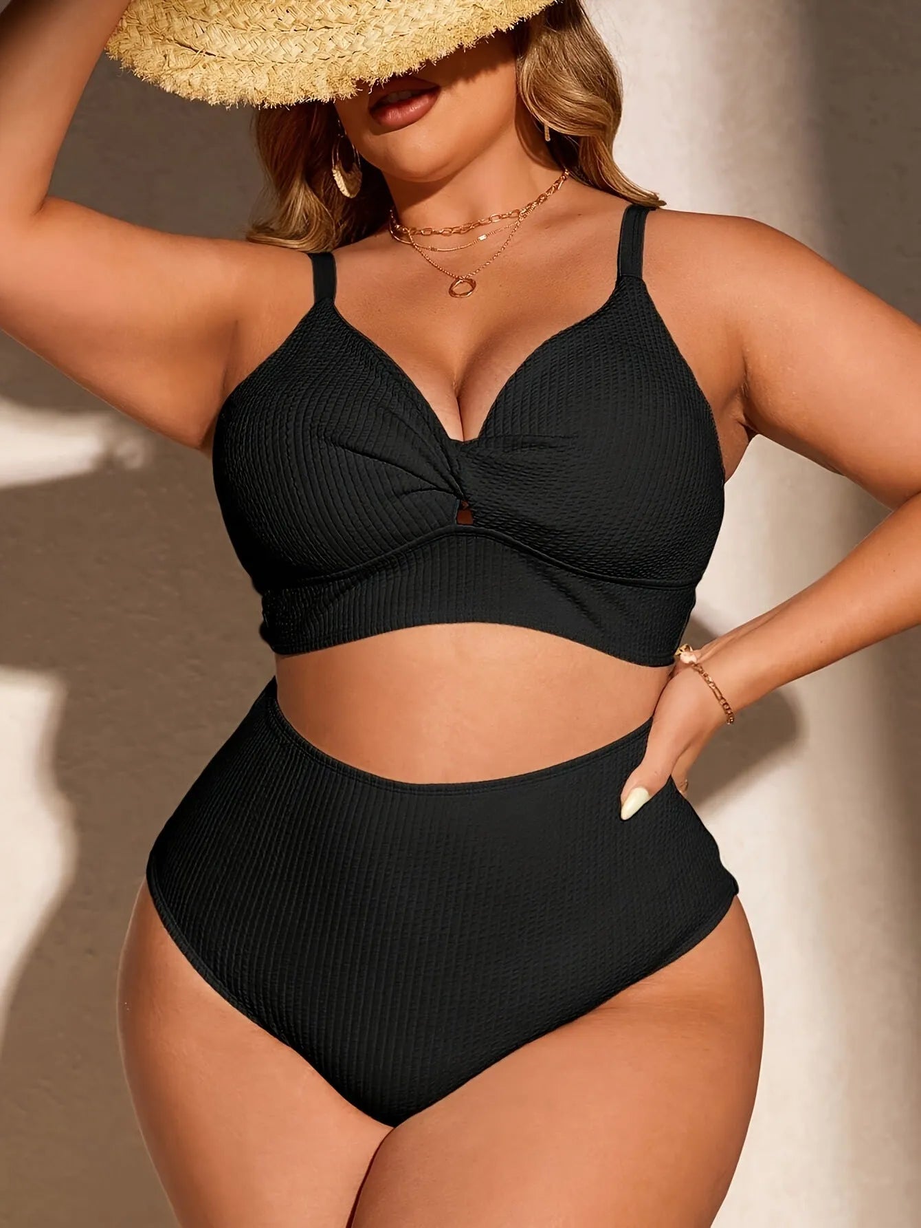 Women's black two-piece bikini set in plus size polypropylene fibre fabric