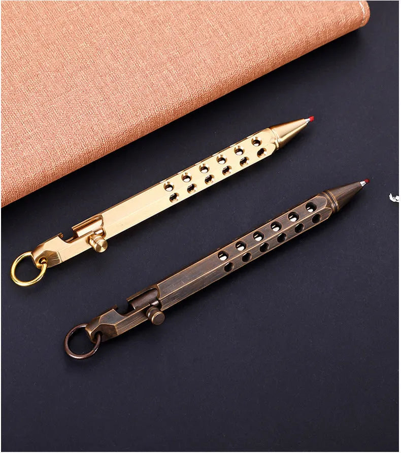 Brass hexagonal bolt action rollerball pen with retro six-angle design