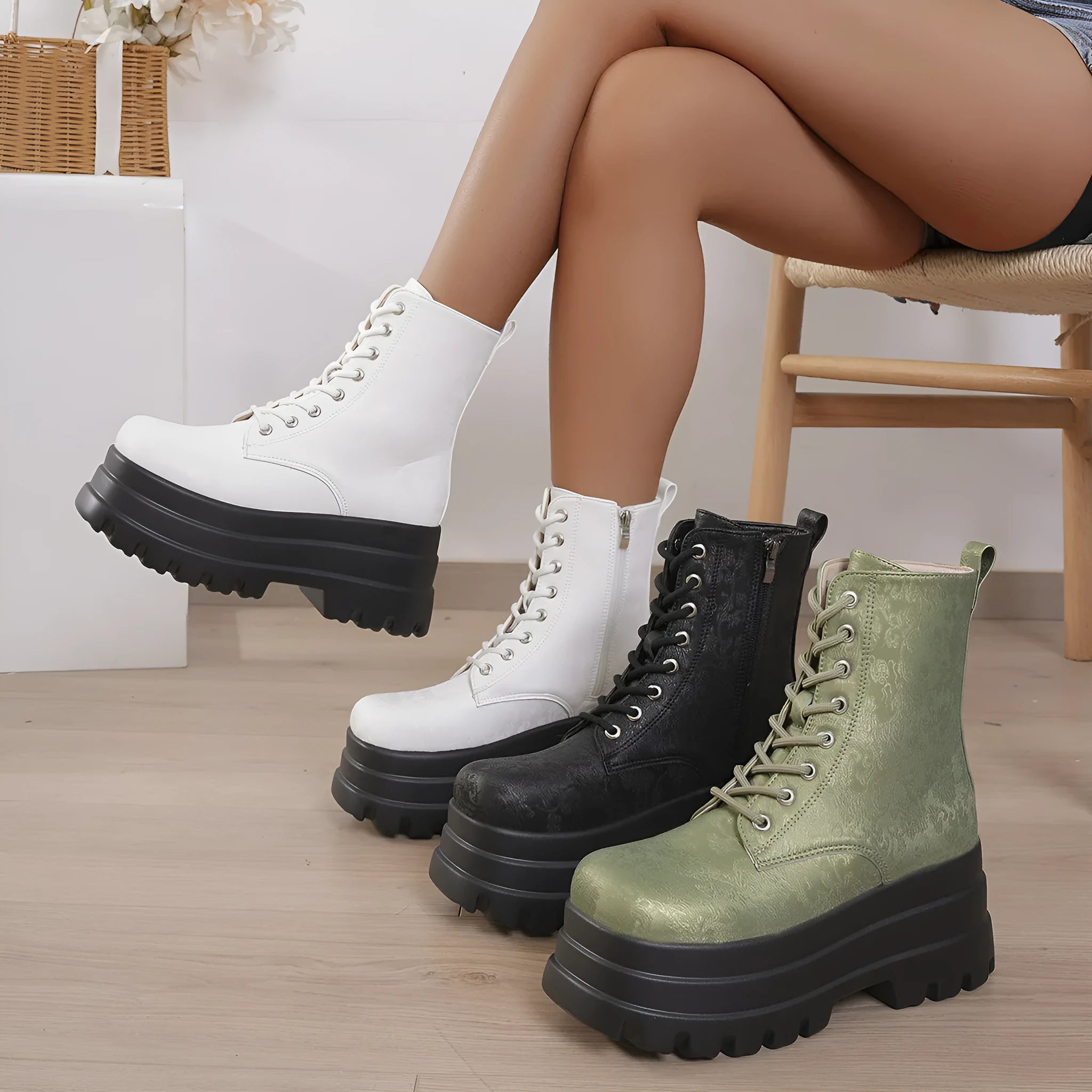 Women's white patchwork platform Martin boots with chunky heel and side zip.