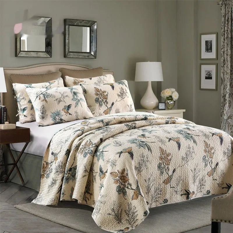 Pure cotton quilt cover set with patterned bedspread and two pillowcases on a bed.