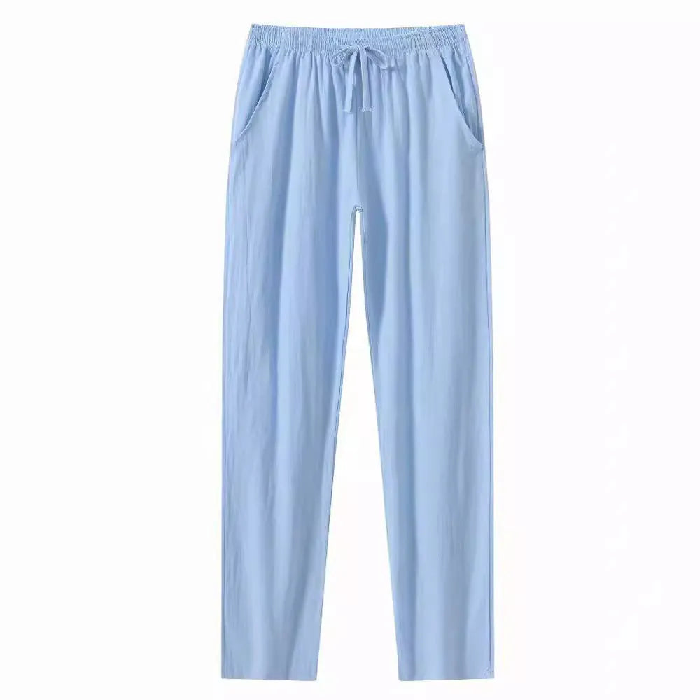 Man's loose-fitting cotton linen casual beach pants in solid khaki colour