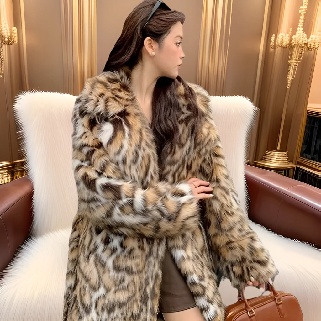 Street fashion faux fur coat with fur collar in mid-length style showing pocket detail