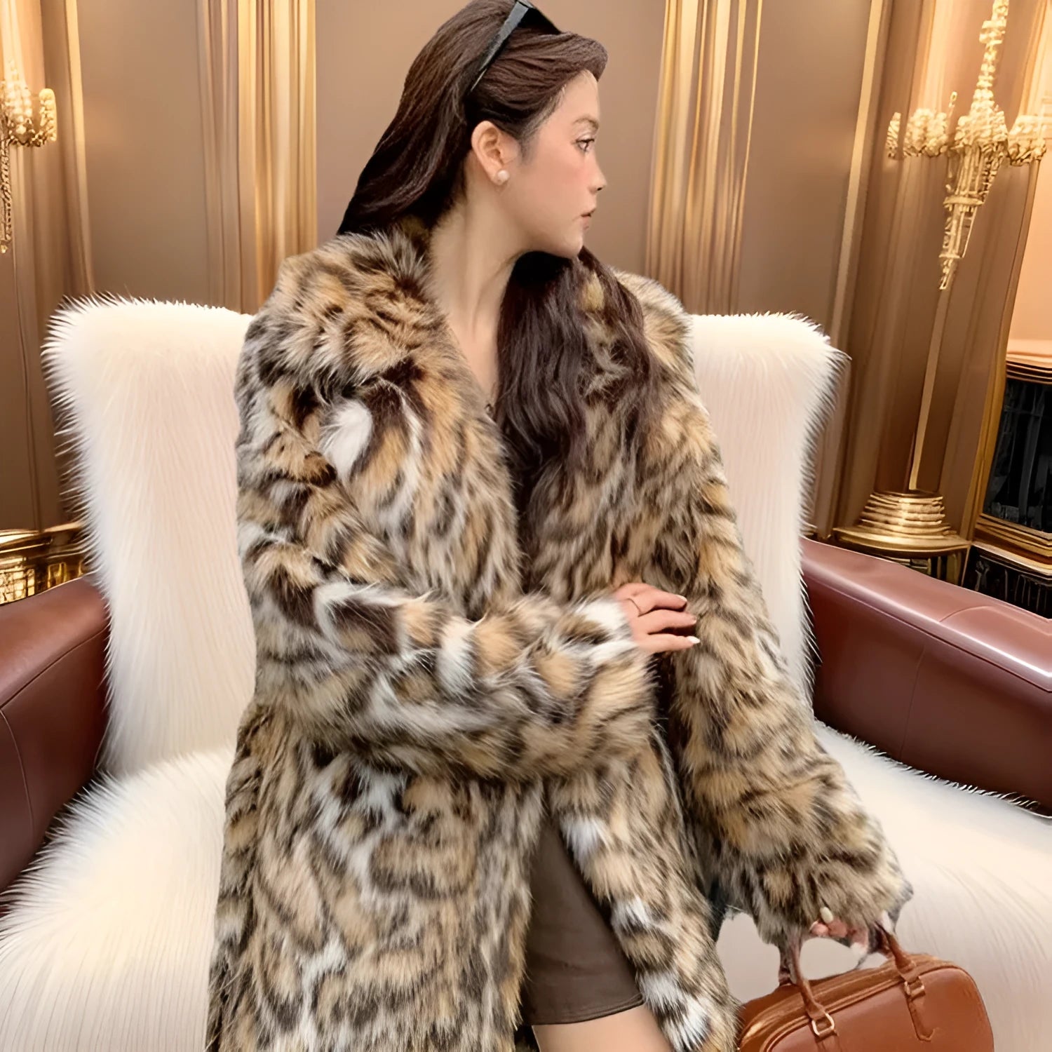 Street fashion faux fur coat with fur collar in mid-length style showing pocket detail