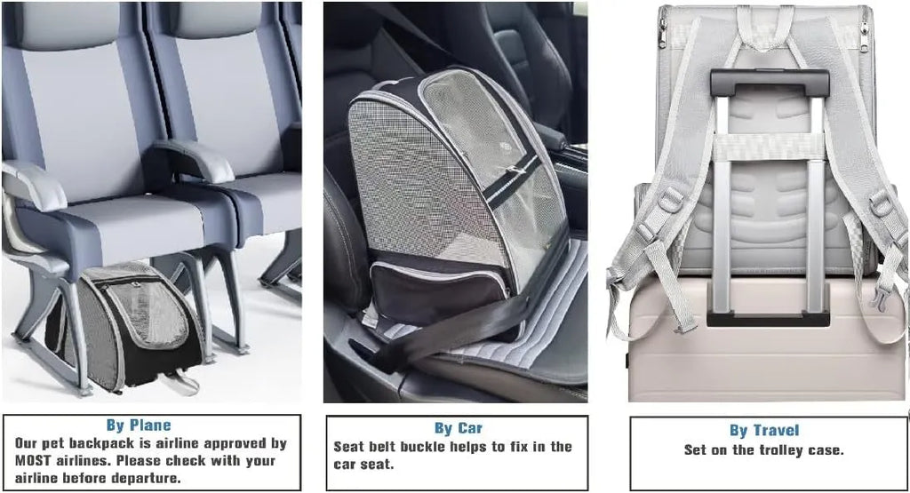 Grey or pink PVC mesh pet carrier backpack for cats and small dogs, 42cm x 31cm x 5cm, with chest buckles and removable mat.