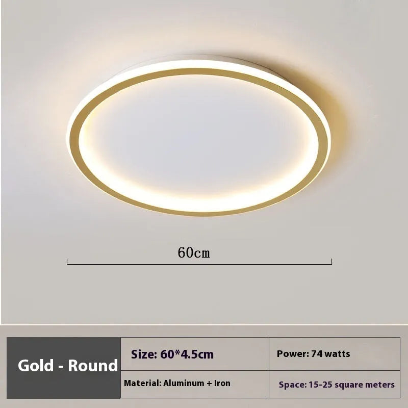 Minimalist circular dimmable LED ceiling lamp in black, gold or white finish.