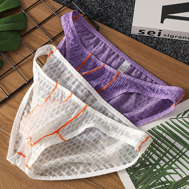 Men's low waist ice silk lace briefs in solid colours including rose red and light purple on a size chart.