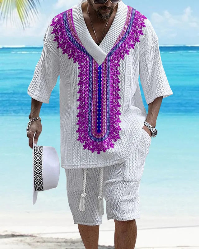 Men's knitted drop-shoulder short-sleeve top and matching shorts suit set on a mannequin.