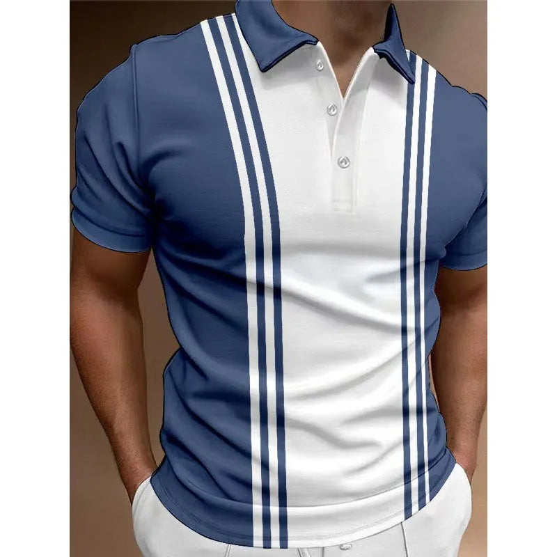 Loose fit casual men's t-shirt with 3-button printing lapel and short sleeves in polyester fabric