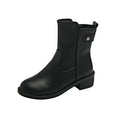 Women's black low heel round toe side zip ankle boots showing front and side views