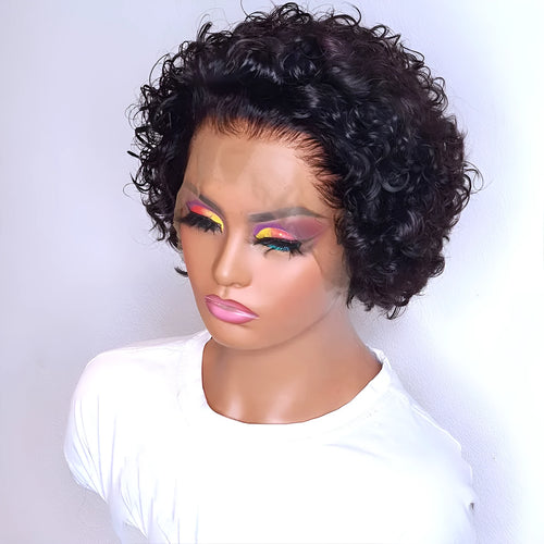 Black human hair pixie cut wig with a transparent 13x1 lace front, displayed on a wig stand.