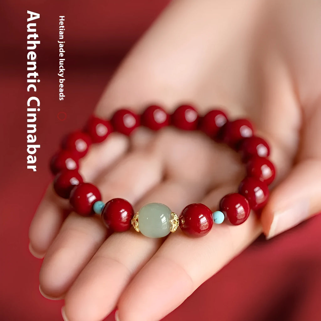 Purple gold sand cinnabar and Hetian jade bead bracelet in geometric ellipse shape.