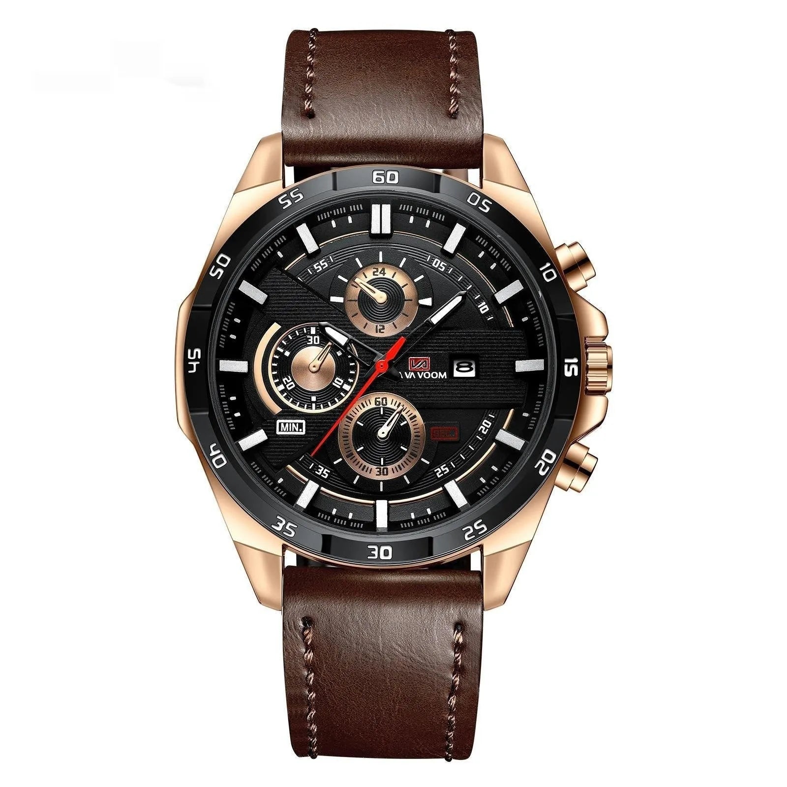 Men's casual quartz watch with business calendar on leather strap in rose gold and black colourway.
