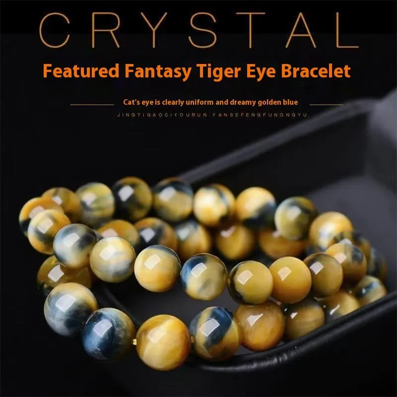 Fantasy tigereye agate bracelet with round beads on a wrist, showing natural stone patterns.