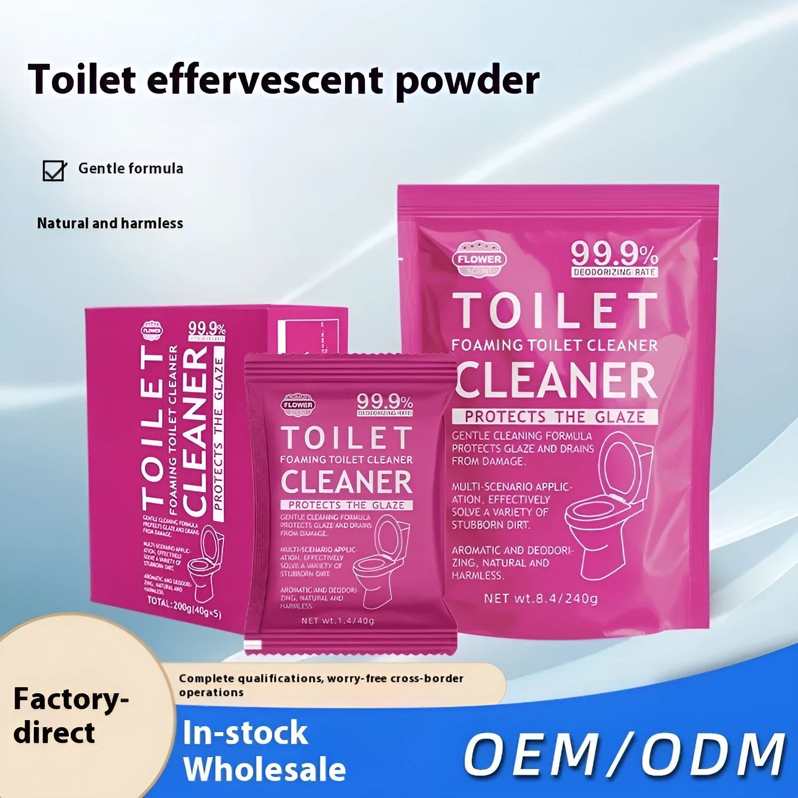 Toilet descaling bubble powder in blue or pink fragrance, 240g bag or box of 5 sachets.
