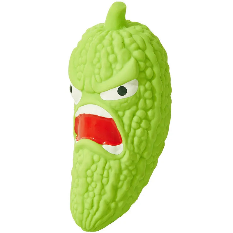 Bitter gourd or chilli shaped dog chew toy with textured surface for tooth cleaning and integrated sound.