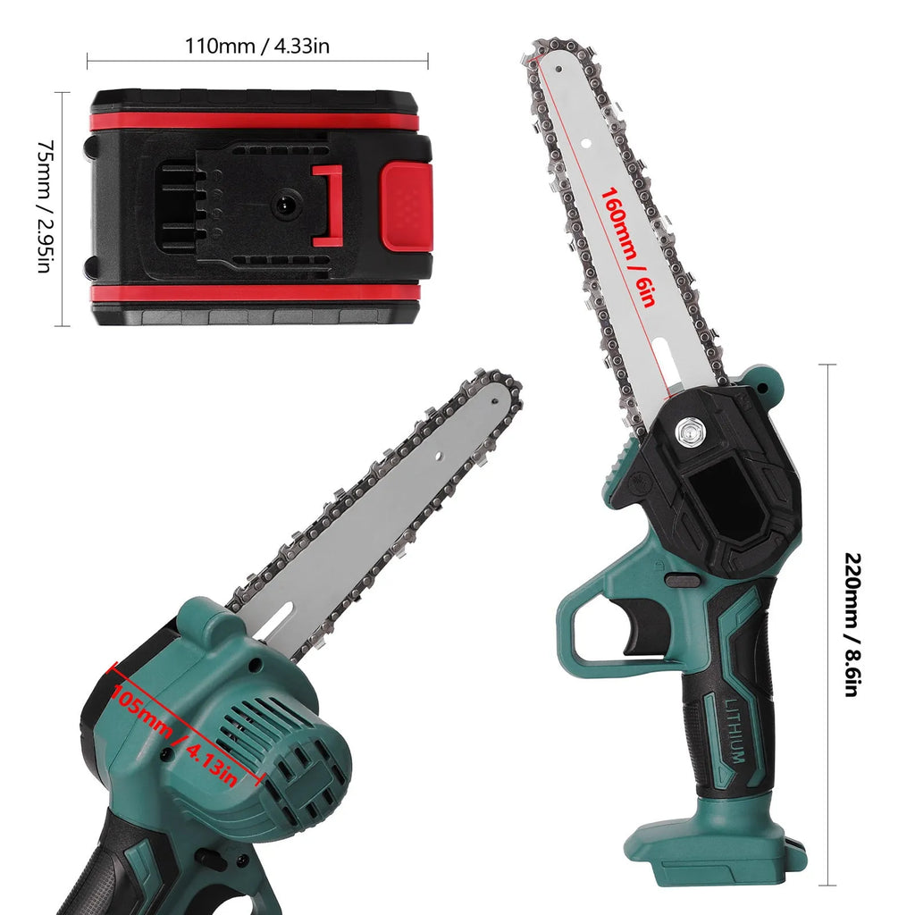 Green mini electric chainsaw with a 4-inch bar held in one hand, showing its compact and lightweight design.