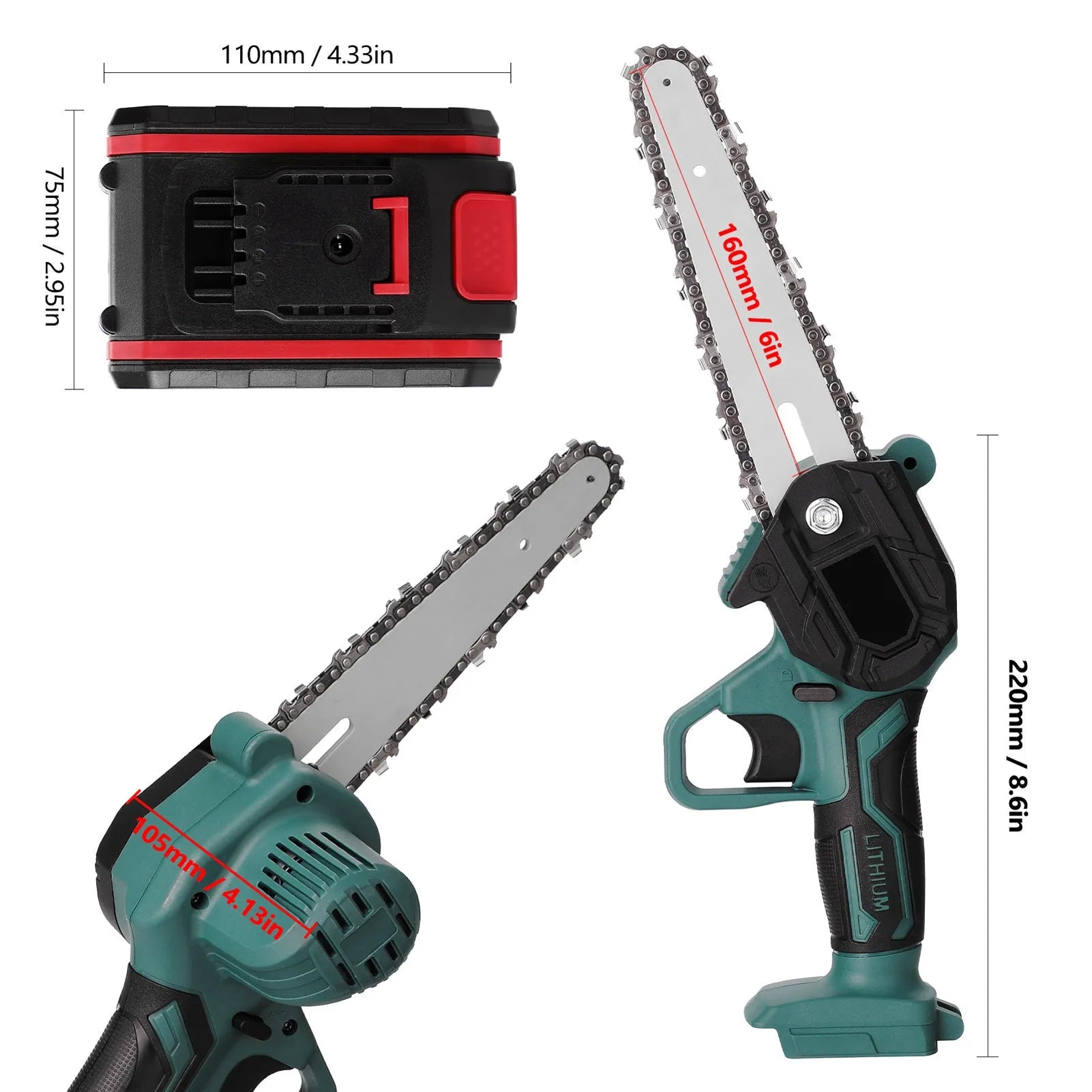 Green mini electric chainsaw with a 4-inch bar held in one hand, showing its compact and lightweight design.