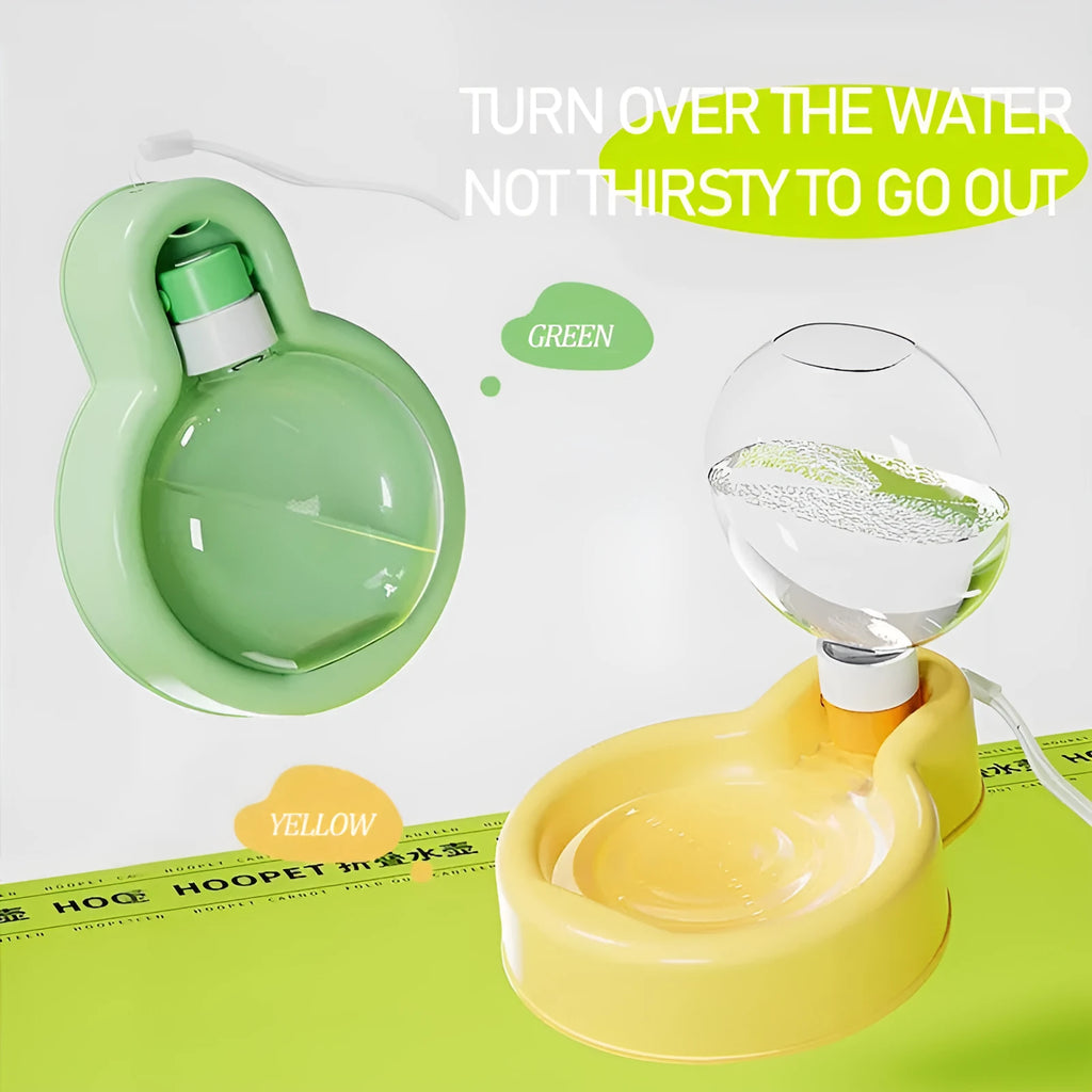 Green portable dog water bottle with fold-out drinking bowl for travel.