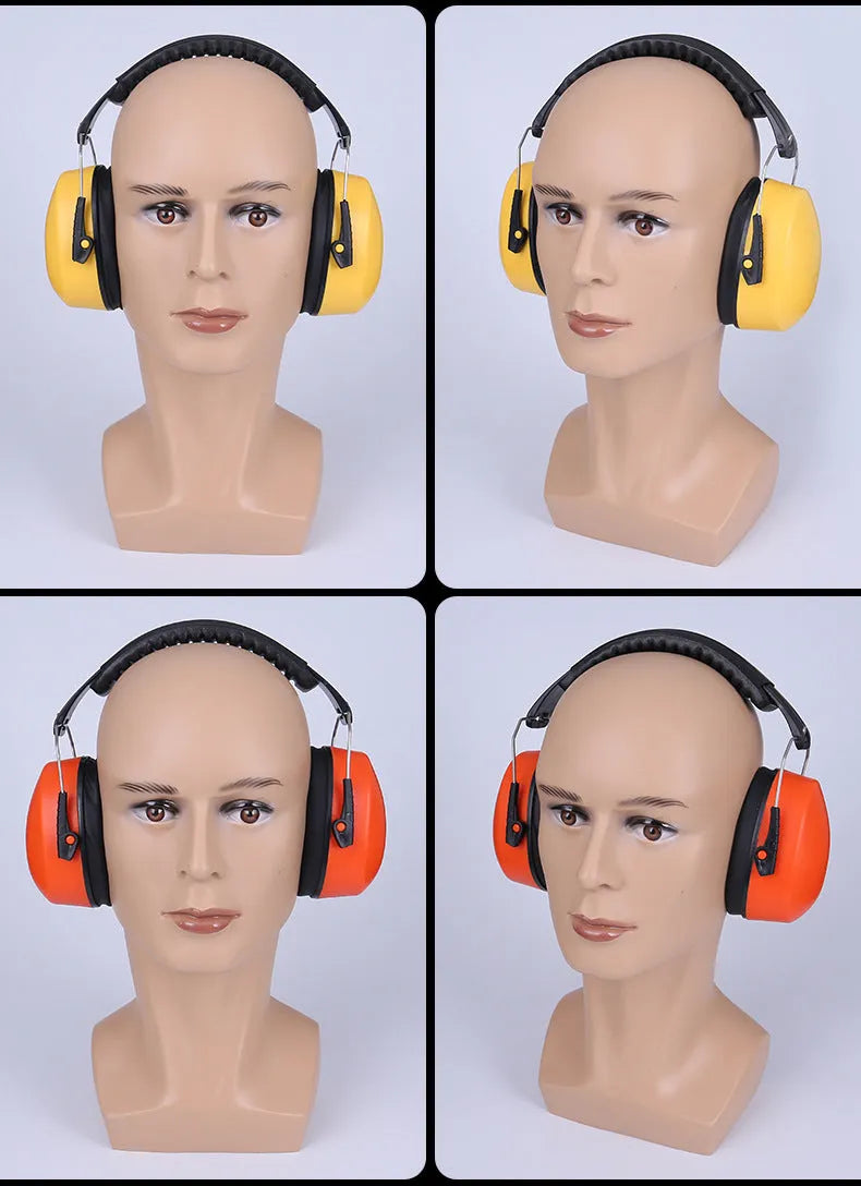 Orange adjustable headband earmuffs with breathable fabric ear cushions for noise reduction.