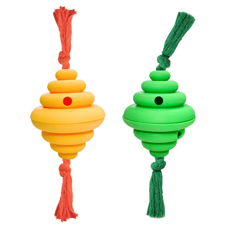 Green rope and ball dog toy with treat dispensing hole for large breeds
