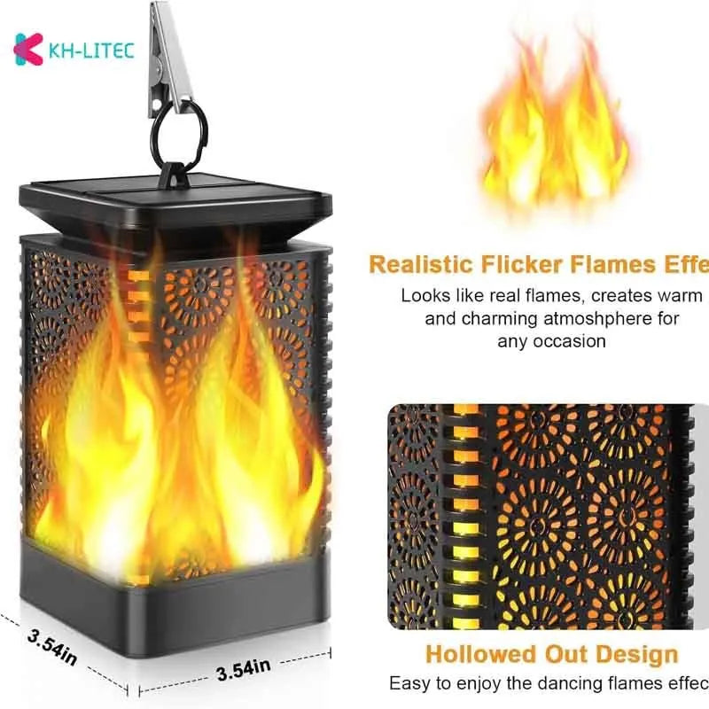Black solar-powered hanging flame torch light for outdoor garden and patio decoration