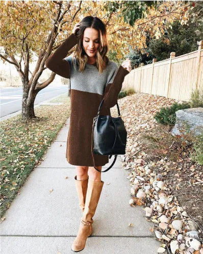 Brown women's patchwork skirt dress with long sleeves and round neck in polar fleece fabric