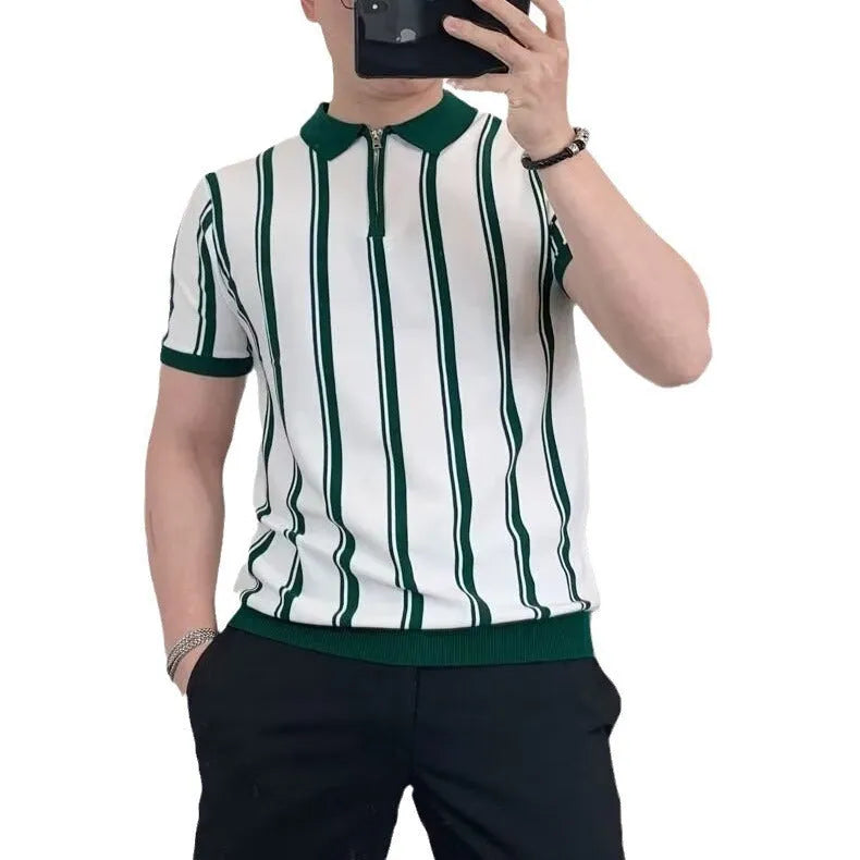 Men's Korean vintage stripe T-shirt with zipper detail and cartoon pattern