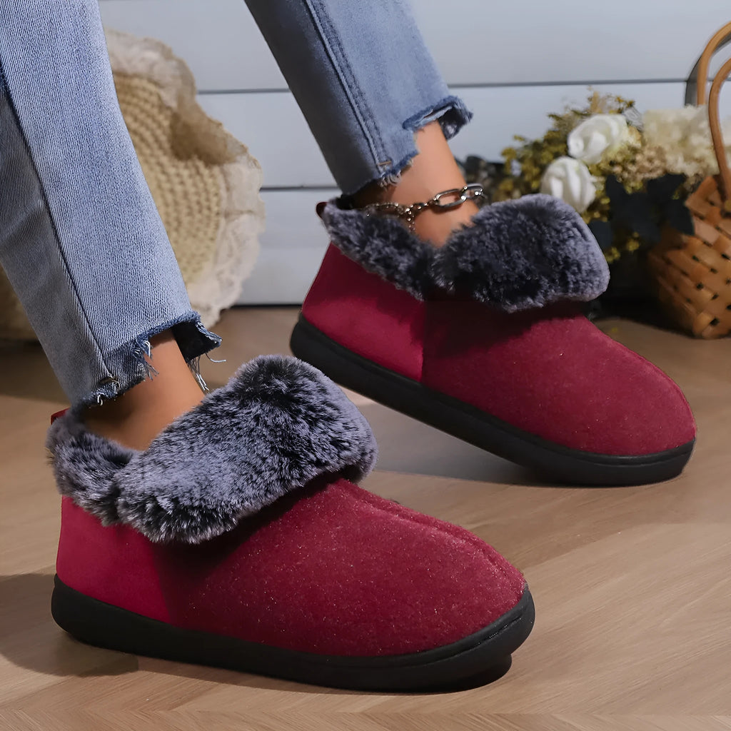 Wine red felt slippers with fur collar and synthetic leather upper for winter indoor use